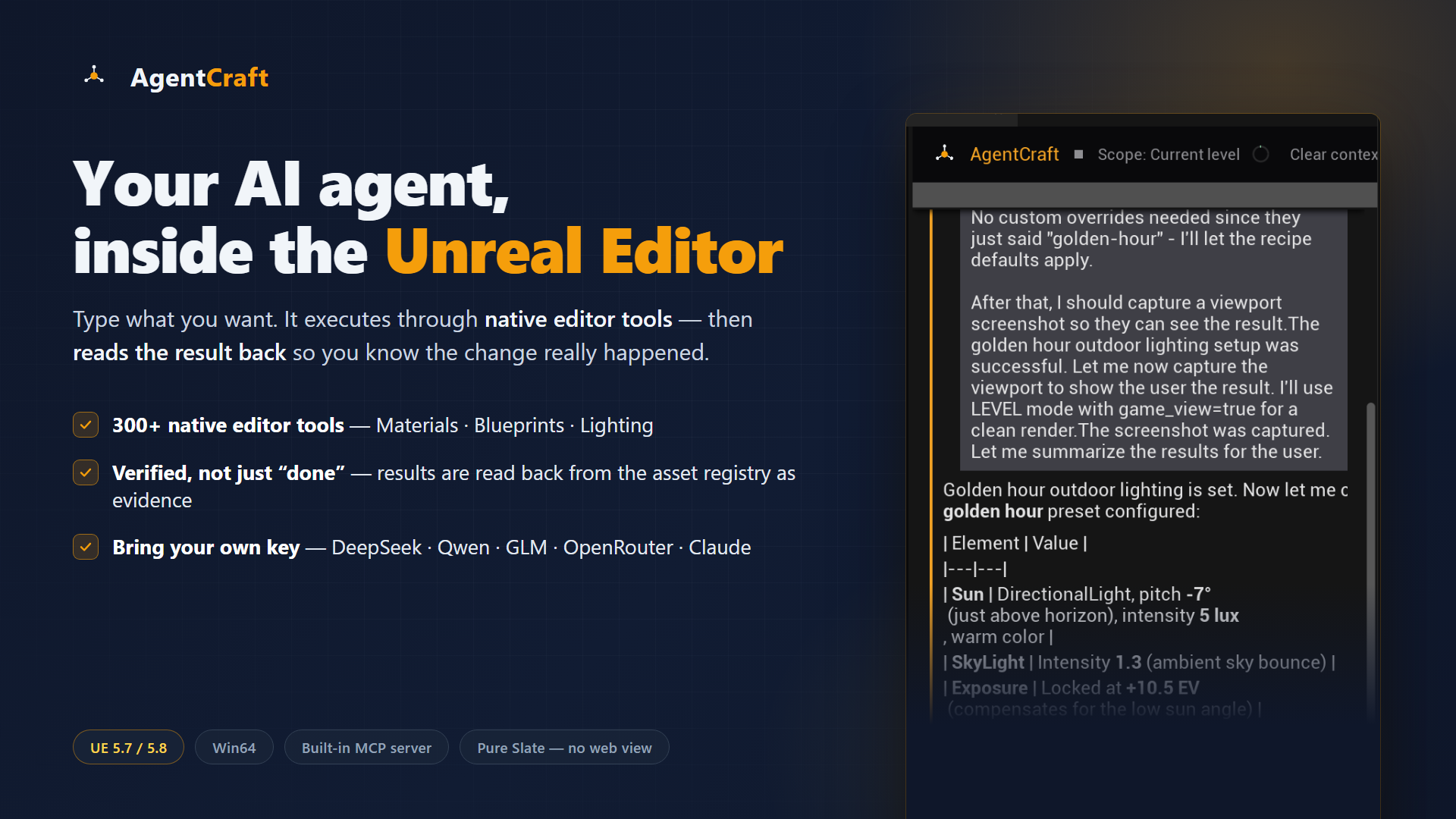 AgentCraft —— 编辑器内的 AI 智能体：自然语言驱动，300+ 原生工具执行并读回验证