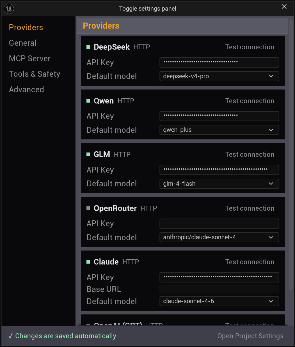 设置面板：DeepSeek / Qwen / GLM / OpenRouter / Claude 等多 provider，自有 API Key 直连